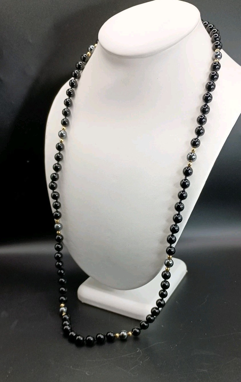 Black Onyx & Hematite Beaded Necklace Polished Gemstone 30″ Gold Tone Accents