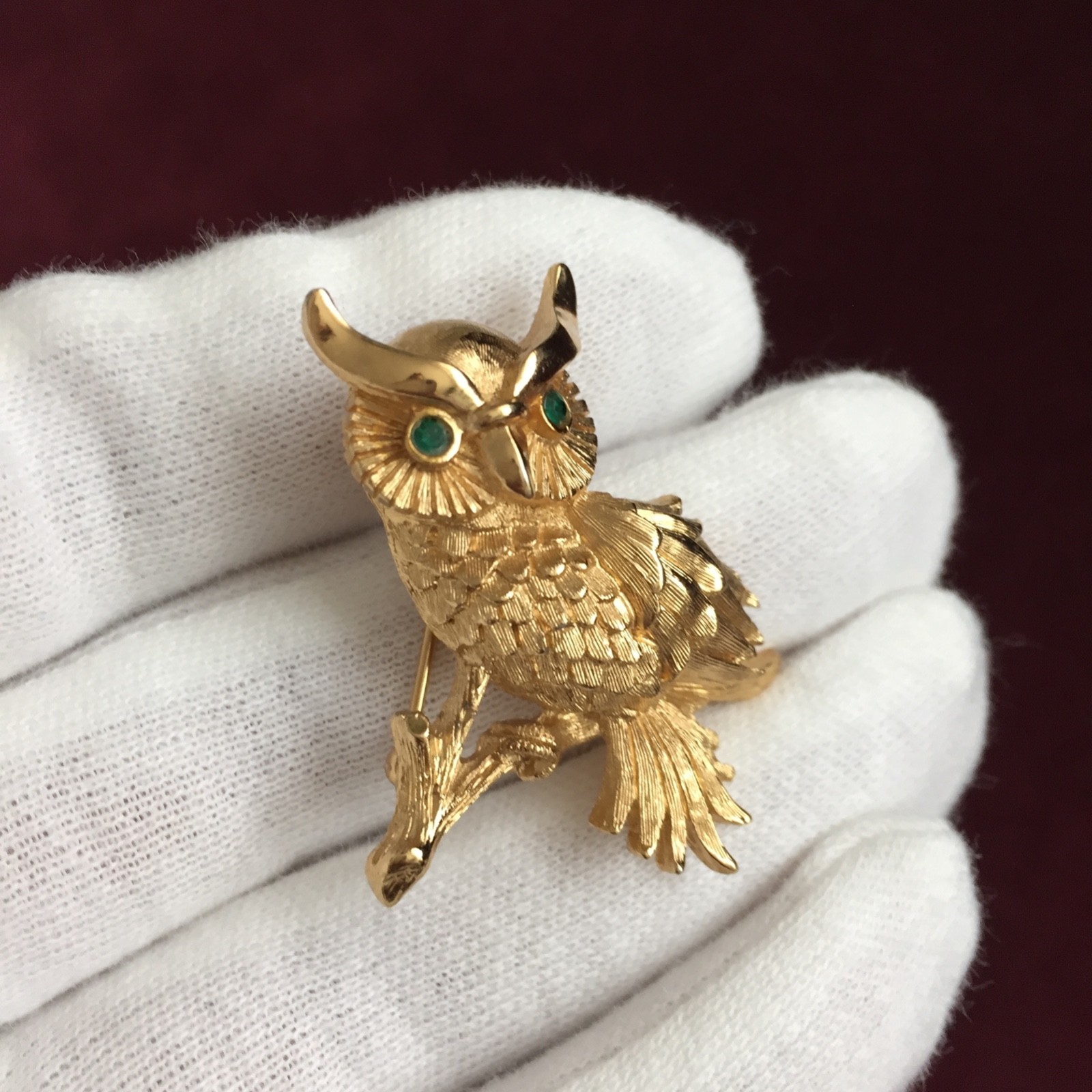 VTG Horned Owl Brooch- Gold with Green Eyes, Rhinestone Monet Bird, Sweater Pin