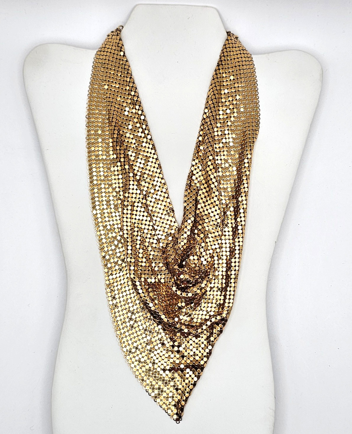 Vintage Whiting & Davis Gold Tone Mesh Scarf Bib Statement Necklace Disco