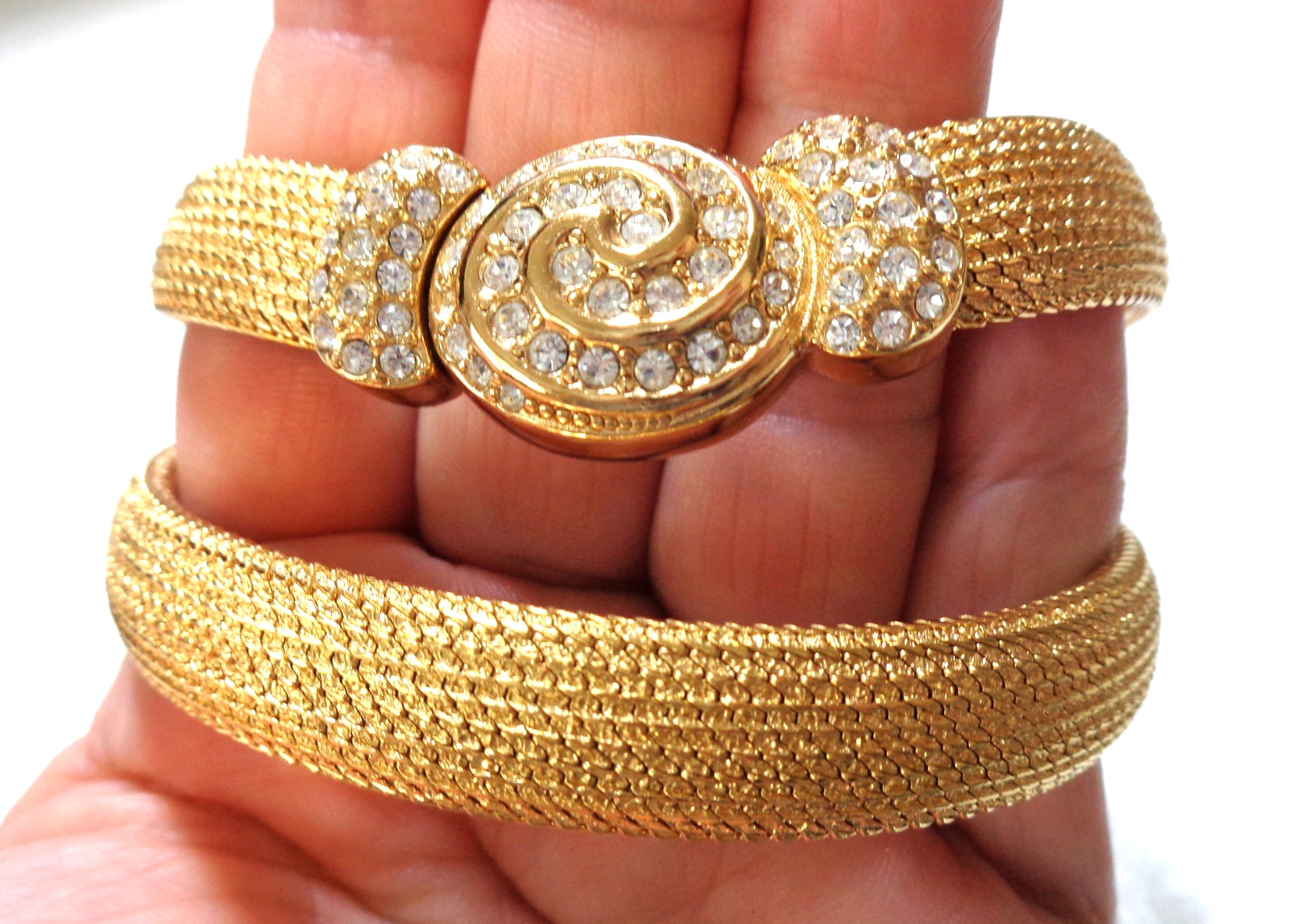 CHRISTIAN DIOR Signed, Authentic, Vintage, Gold Tone, Clear Rhinestones Swirl Me