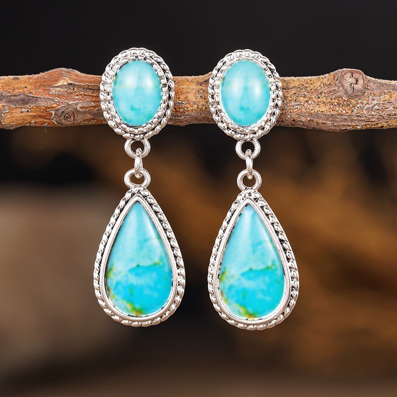 Vintage Tibetan Silver Turquoise Teardrop Dangle Earrings Women Boho Bezel