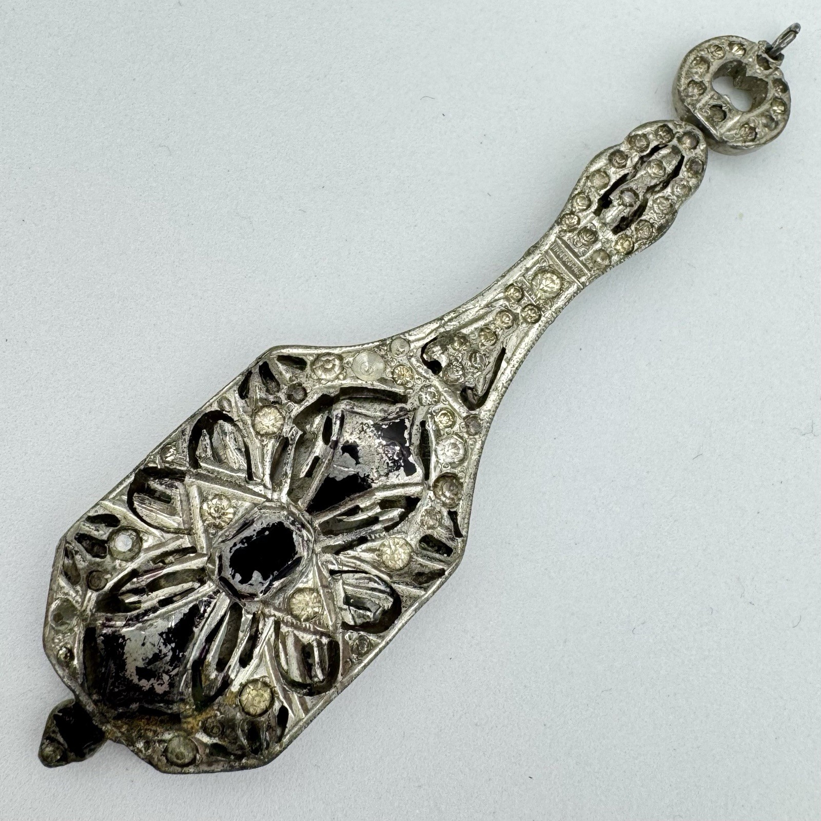 VTG Art Deco Crystal Rhinestone Pot Metal Elongated Amulet Pendant 3” AS IS