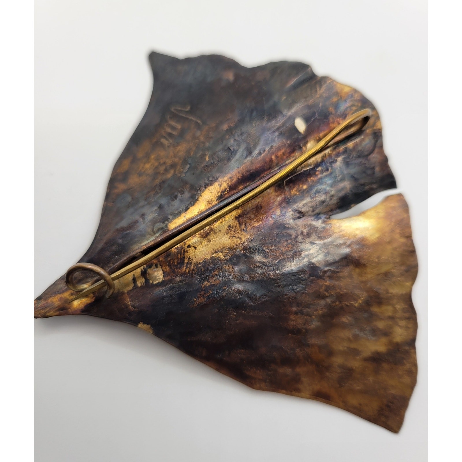 Brutalist Ginkgo Leaf Brooch Earrings Set Artisan Handmade Patina Huge Leaves