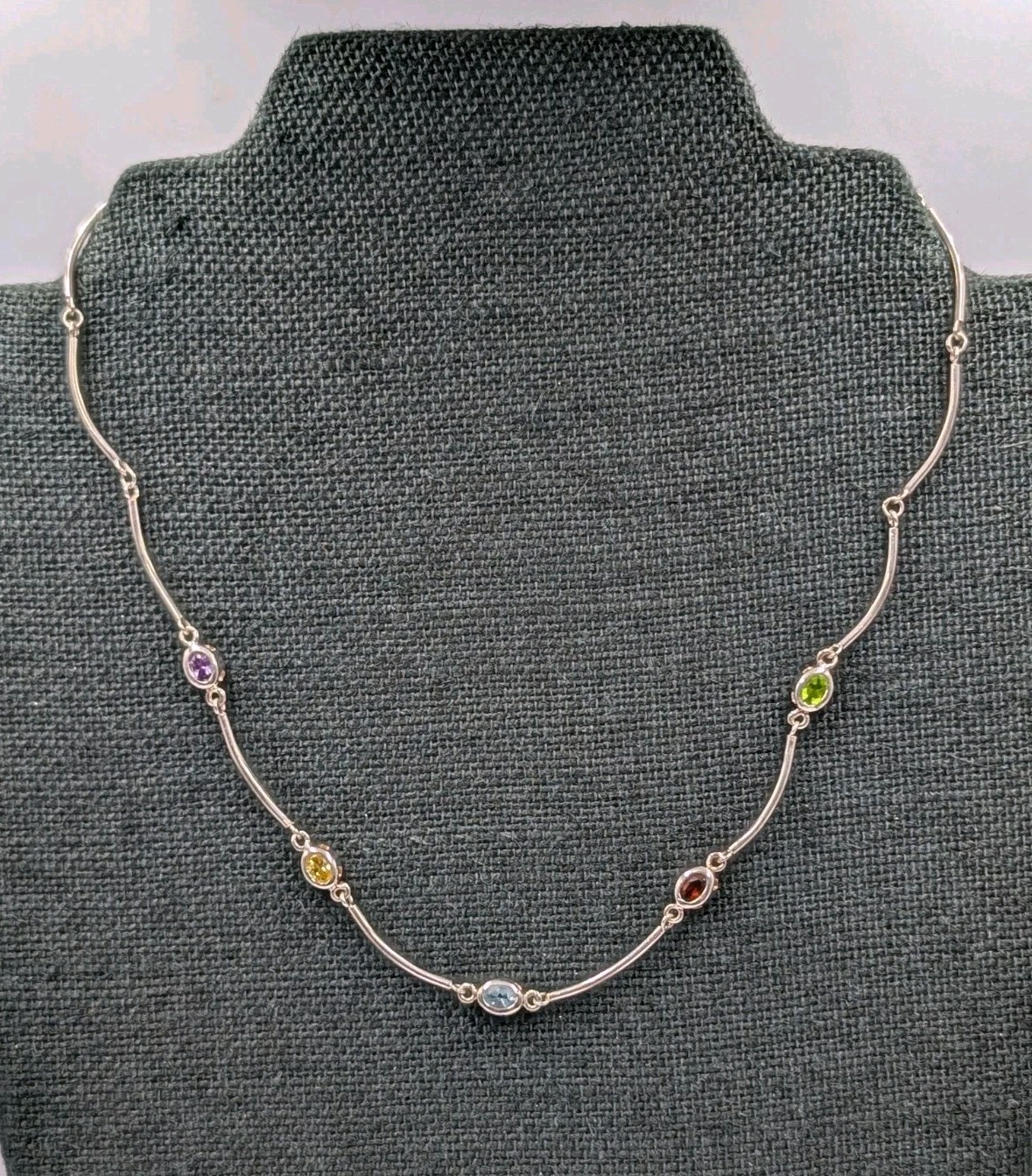 Vtg Sterling Silver Lab Created Gemstones Curved Tube Links 925 Necklace – 17.5″