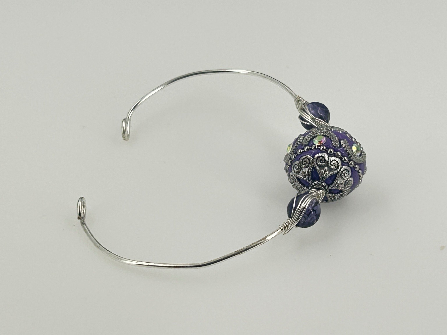 Handcrafted Purple Bead Silver Wire Bangle Bracelet Adjustable
