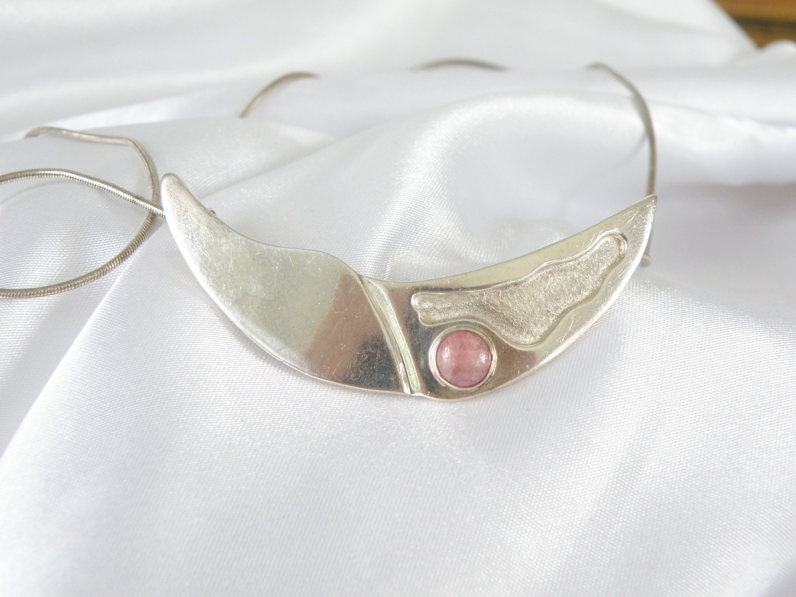 Vintage Sterling Silver 925 Artisan Modernist Rhodochrosite Slide Necklace