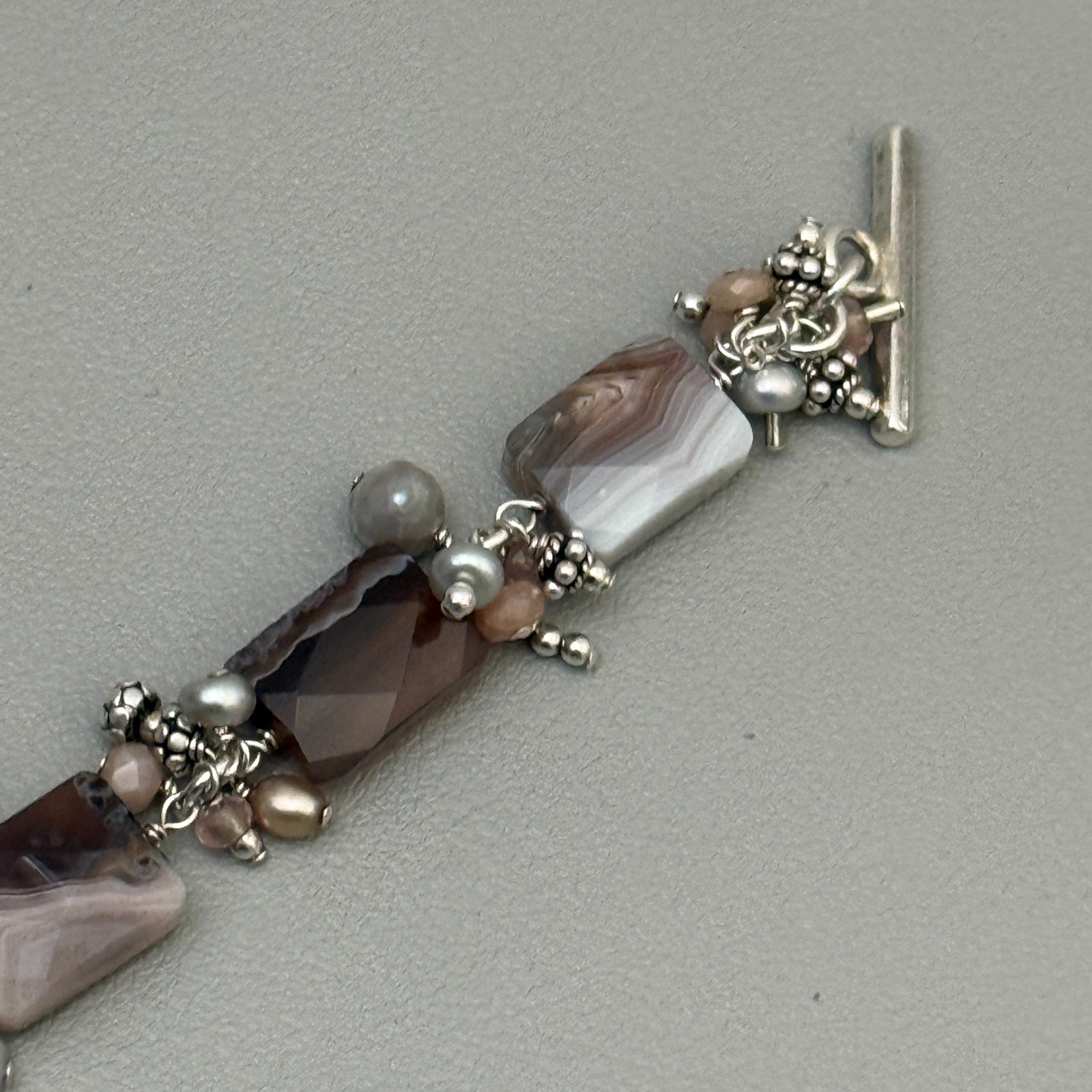 Artisan 925 Sterling Silver Banded Agate Pearl Bracelet Toggle Clasp 7″ Vintage