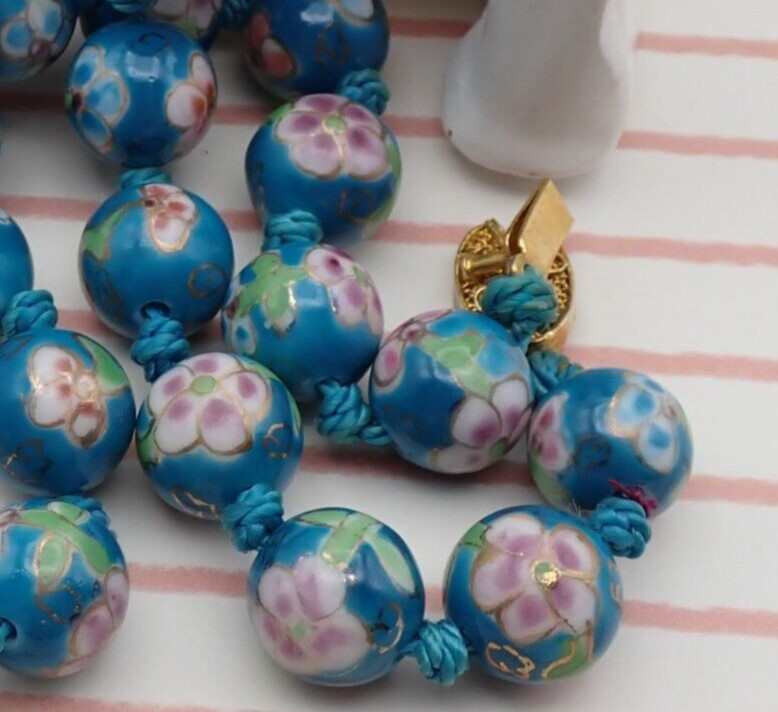 Vintage Chinese Export Rare Teal Pink Enamel Knotted 12mm Bead 27″ Necklace