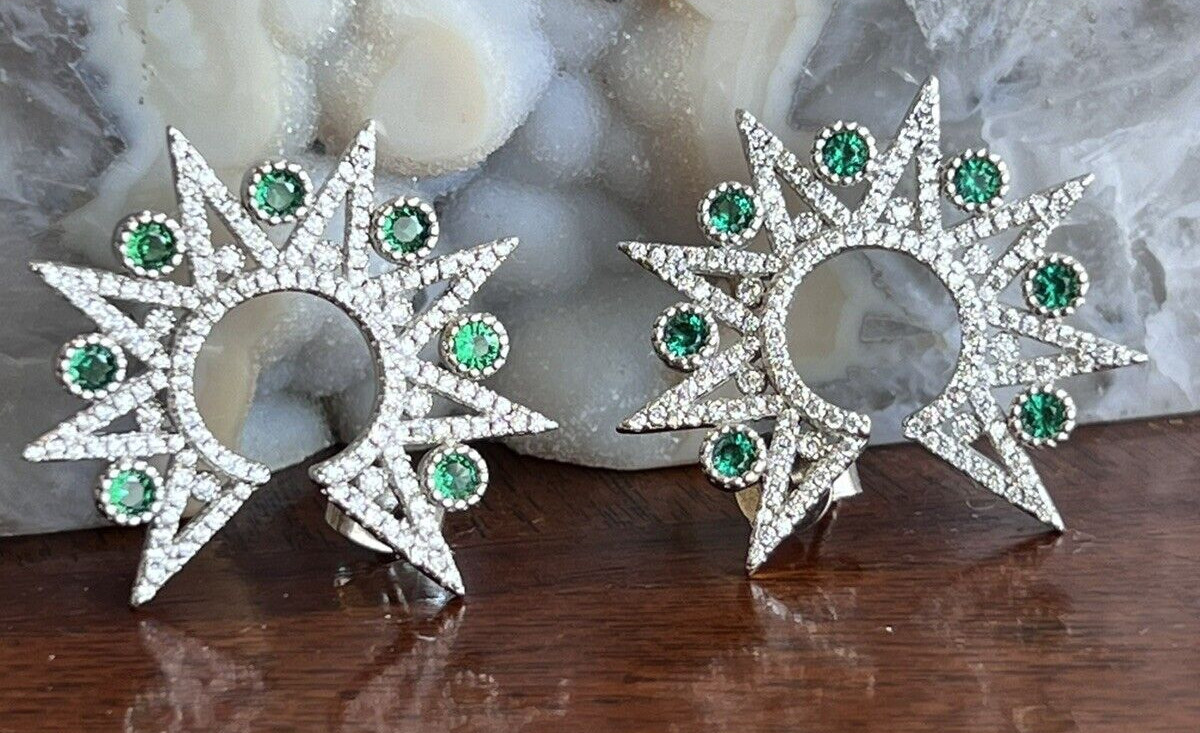 Vtg Sterling Star Point Statement Earrings, Emerald Green & Clear CZ Settings