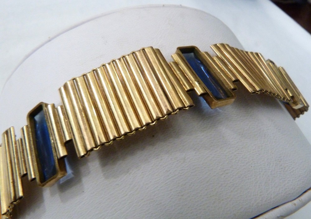 VTG KOLLMAR & JOURDAN ROLLED GOLD ART DECO LINKS SAPPHIRE BLUE GLASS BRACELET