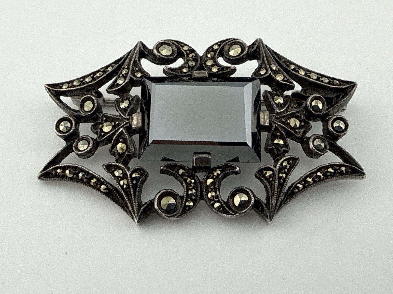 Antique Sterling Silver Unmarked natural hematite brooch Trombone Clasp 1.5”X1”