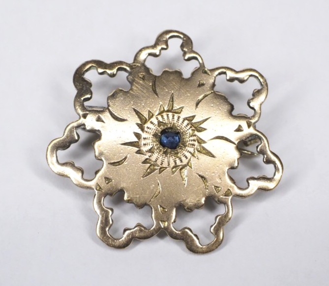 Antique gold over brass/bronze brooch pin with blue stone jewelry