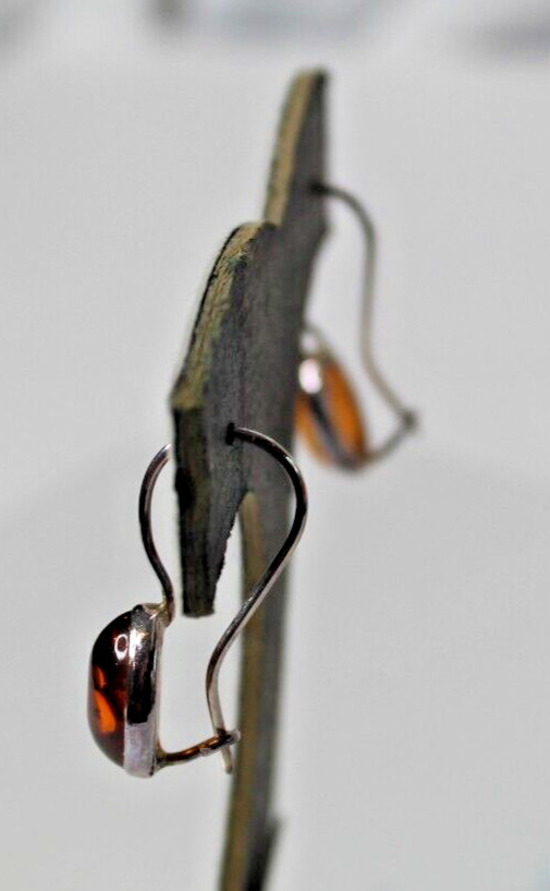 Vintage Silvertone Pierced Earrings – Amber Oval Stone – 1 1/4″