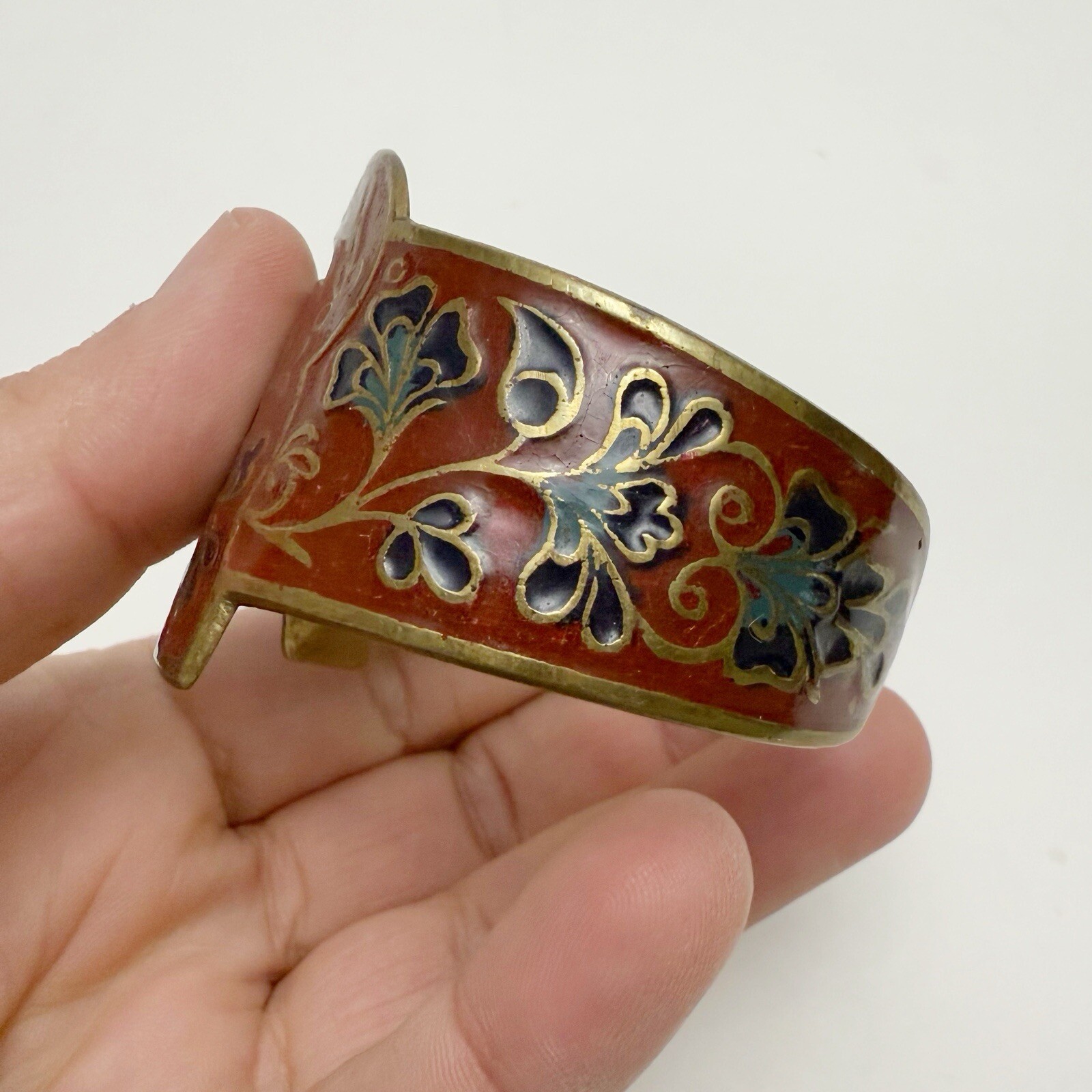 Vintage Horse Floral Red Enamel Brass Cuff Bracelet Made in India