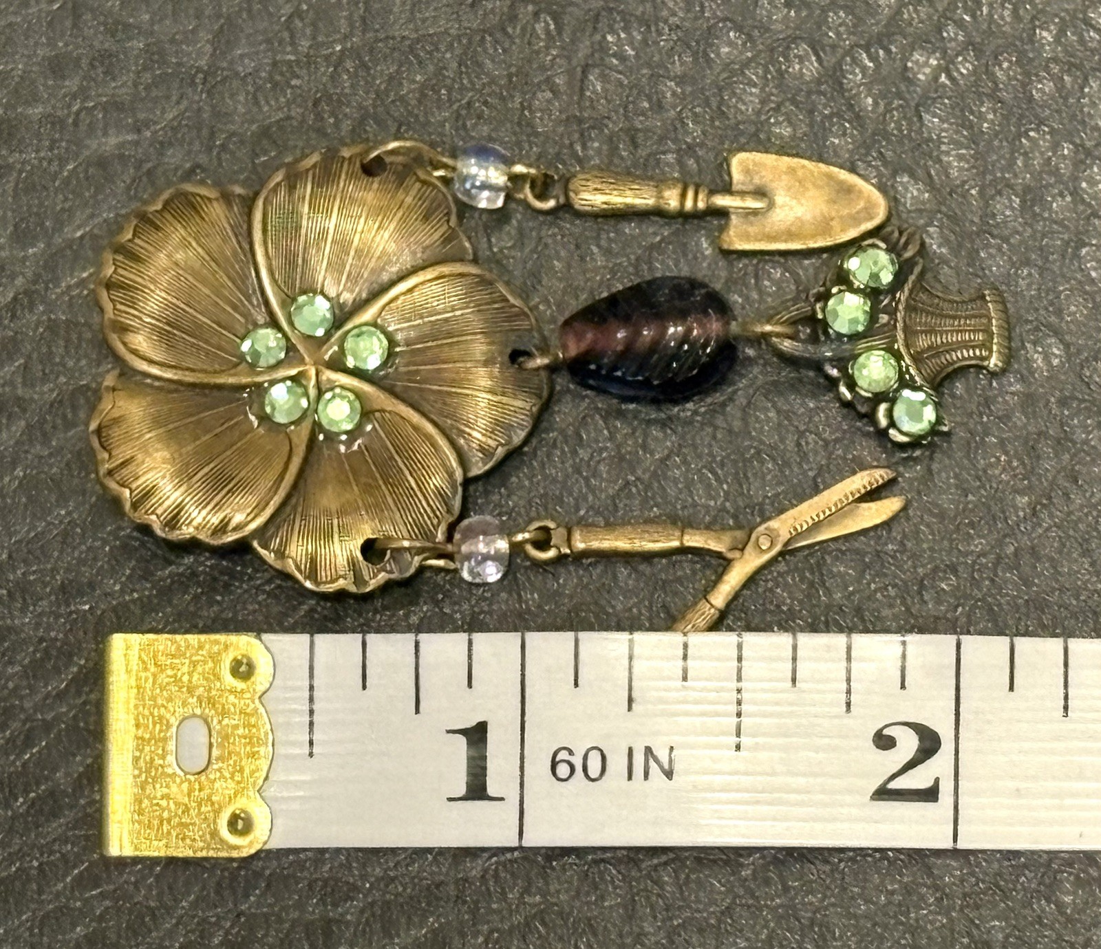 Vintage Pansy Brooch Garden Tools Dangle Flower Basket Gold Tone Rhinestones