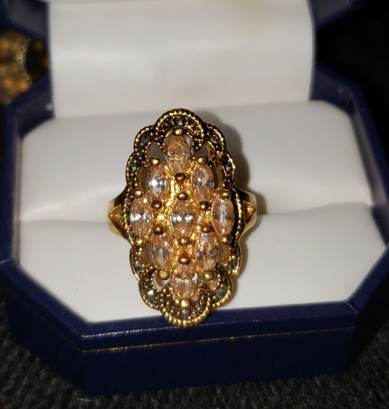 Very Beautiful Goldtone Metal Faux Marcasite Orange Peach CZ Crystal Ring Sz. 7
