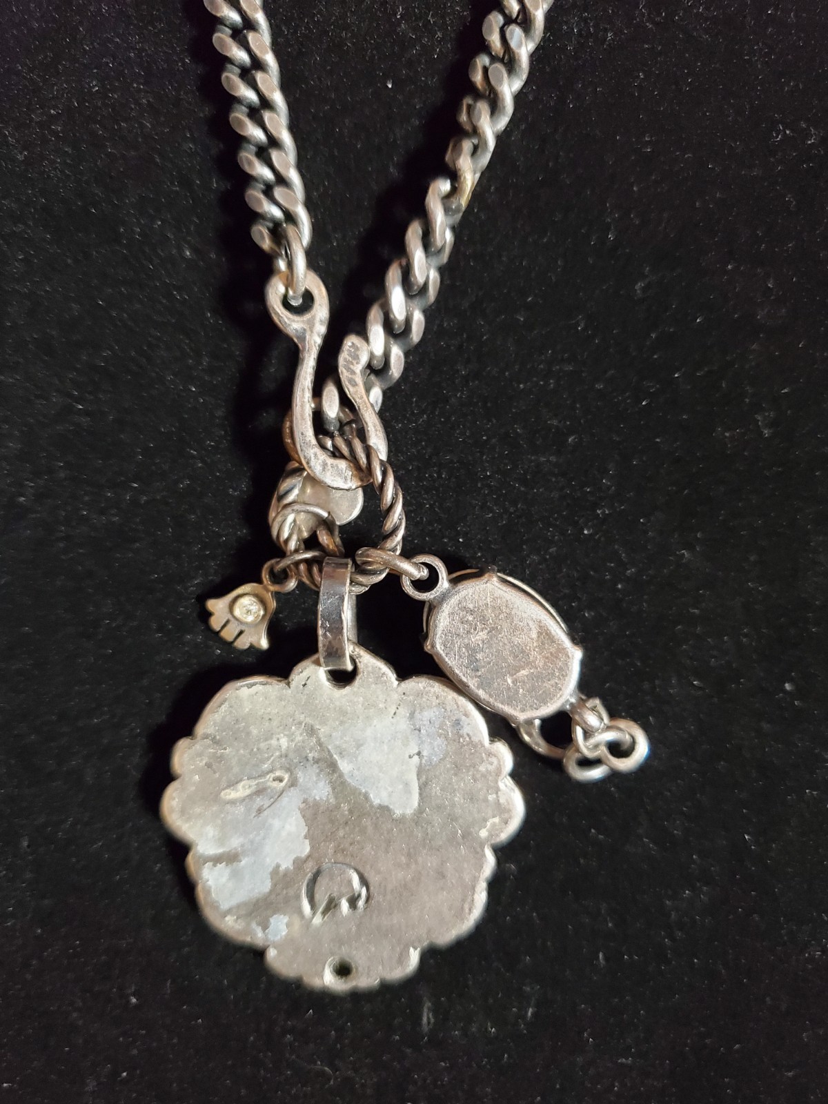 New Signed Silver Toned Metal Medallion Shield Necklace Charms Gift Unisex Adult