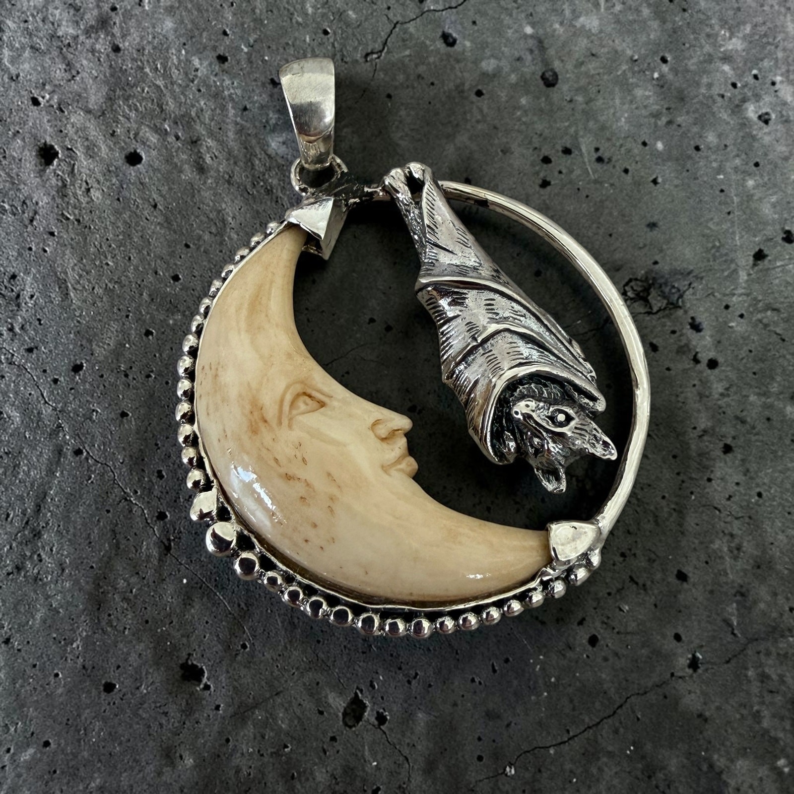 Sterling Silver Bat Moon Pendant Carved Tea Bone Gothic