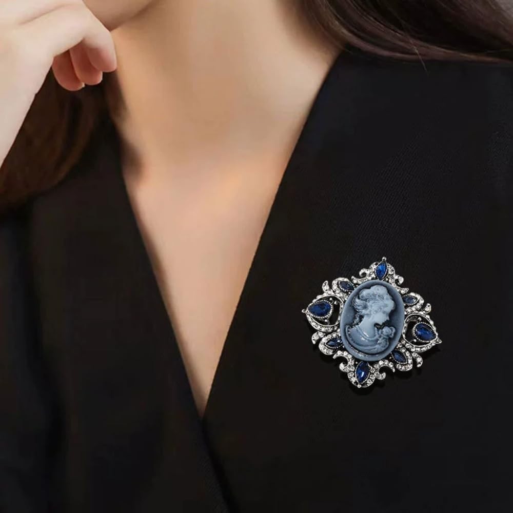 Vintage Cameo Lady Rhinestone Brooch Pin for Women Girls Antique Medium, Blue
