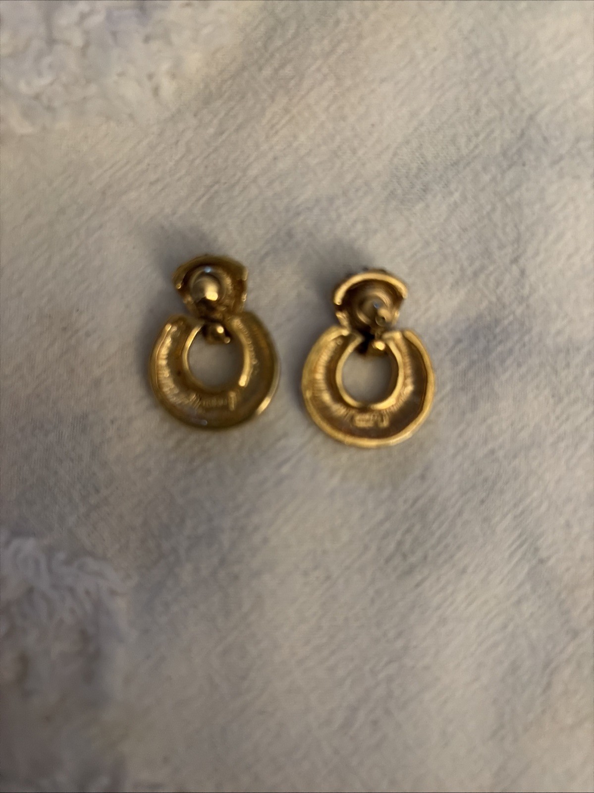 Vintage Roman signed earrings door knocker gold tone pave rhinestone dangle hoop
