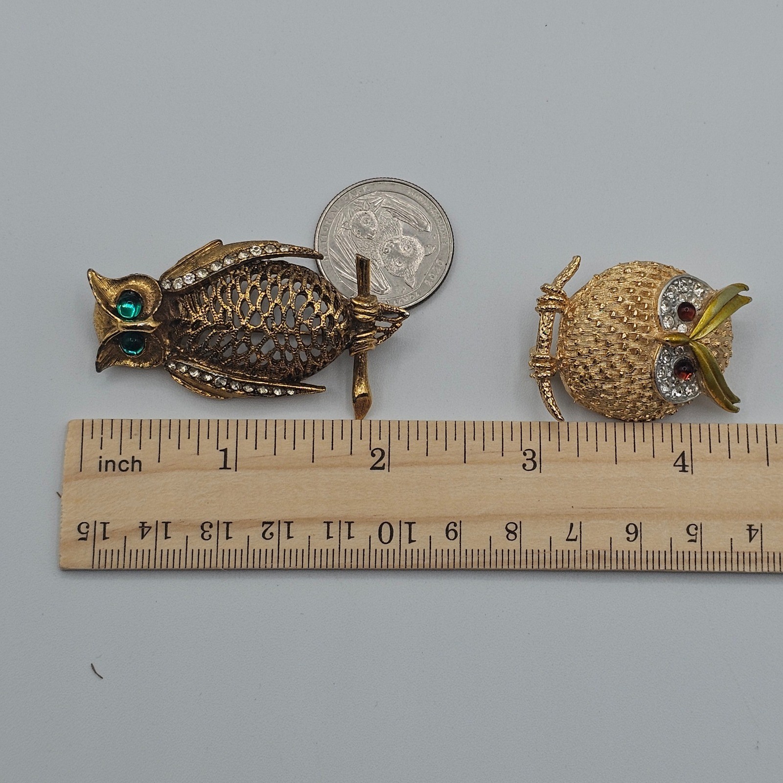 2pc Vtg Owl Brooches Gold Tone Rhinestone Figural Animal Nature Wise Forest Pins