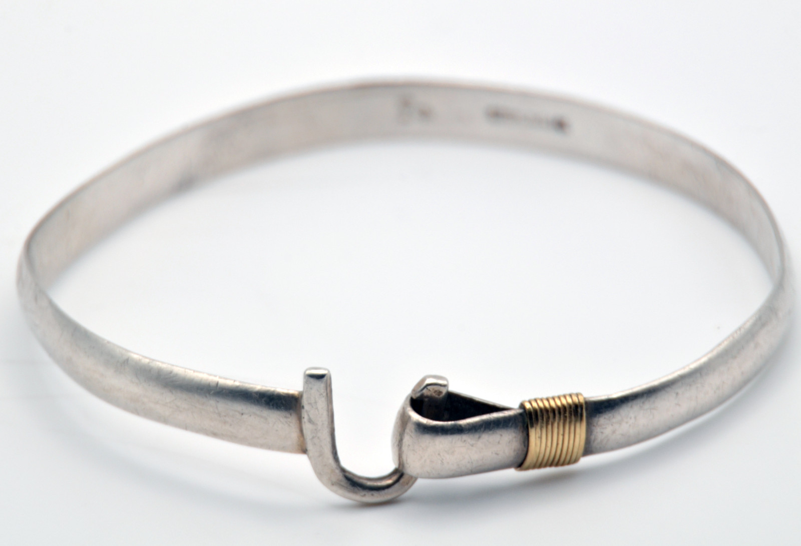 Sterling Silver & 14K Gold Hook Bangle Bracelet 15.88 Grams TM Pat Signature