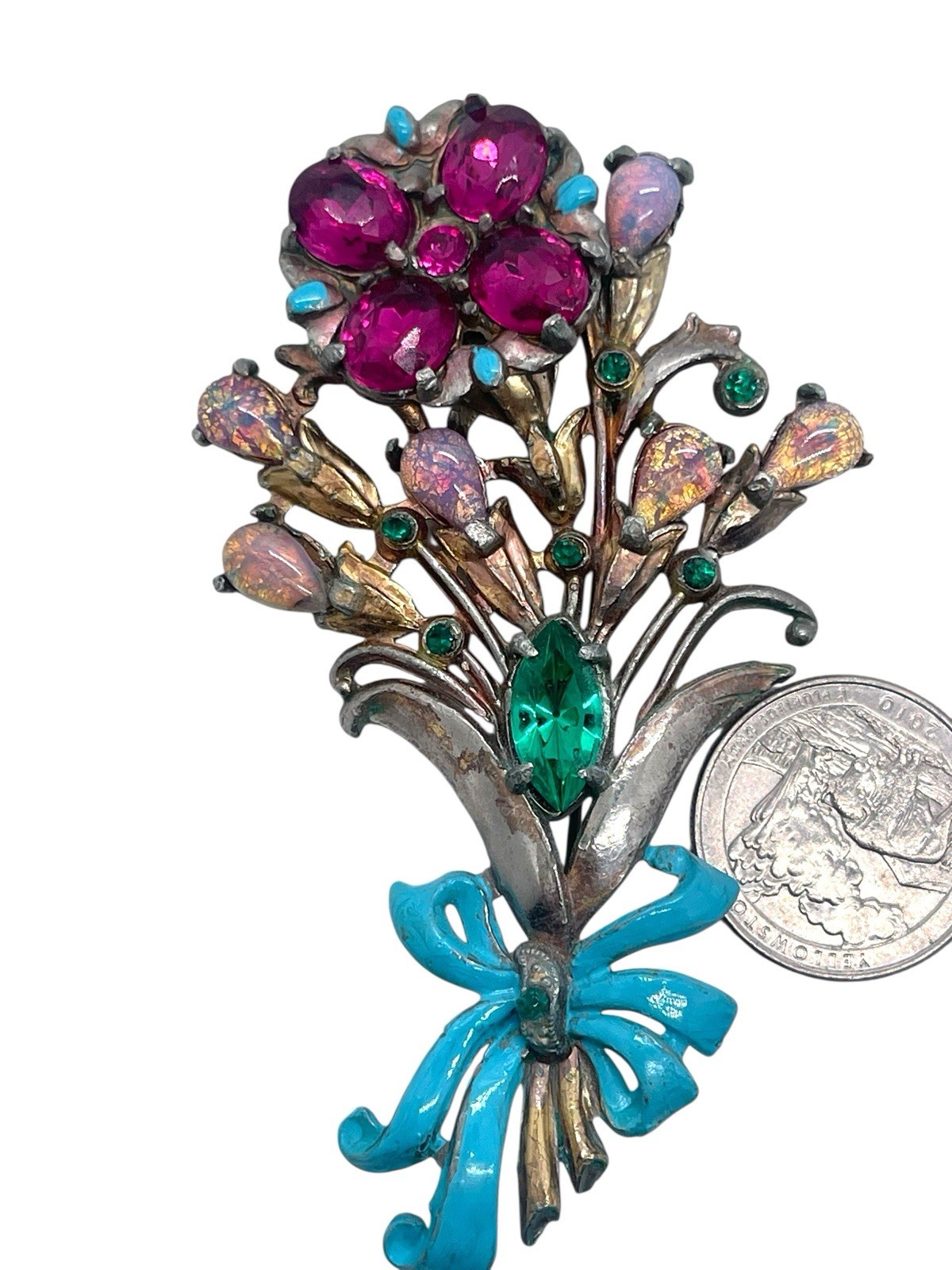 1940’s Figural Rhinestone Flower Brooch, Enamel, Opaline Glass Teardrop Stones