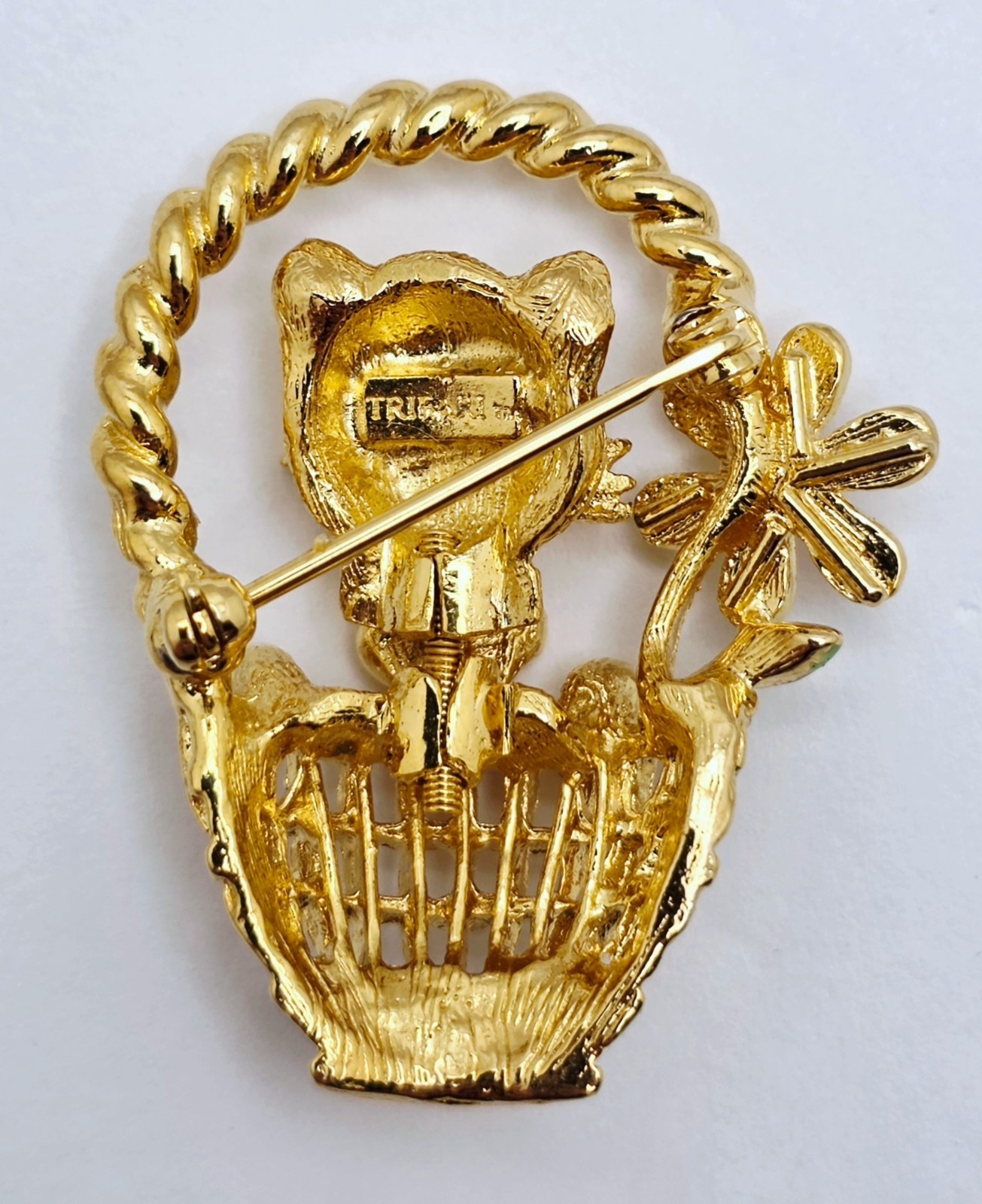 Vintage Signed Trifari Rhinestone Kitten / Cat in Flower Basket Trembler Brooch