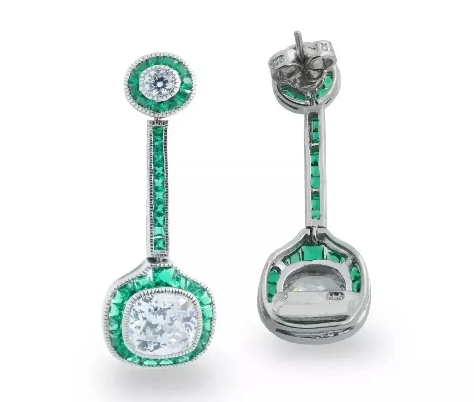 Art Deco Vintage Lab Created Diamond Earring Wedding Gift 14K White Gold Finish