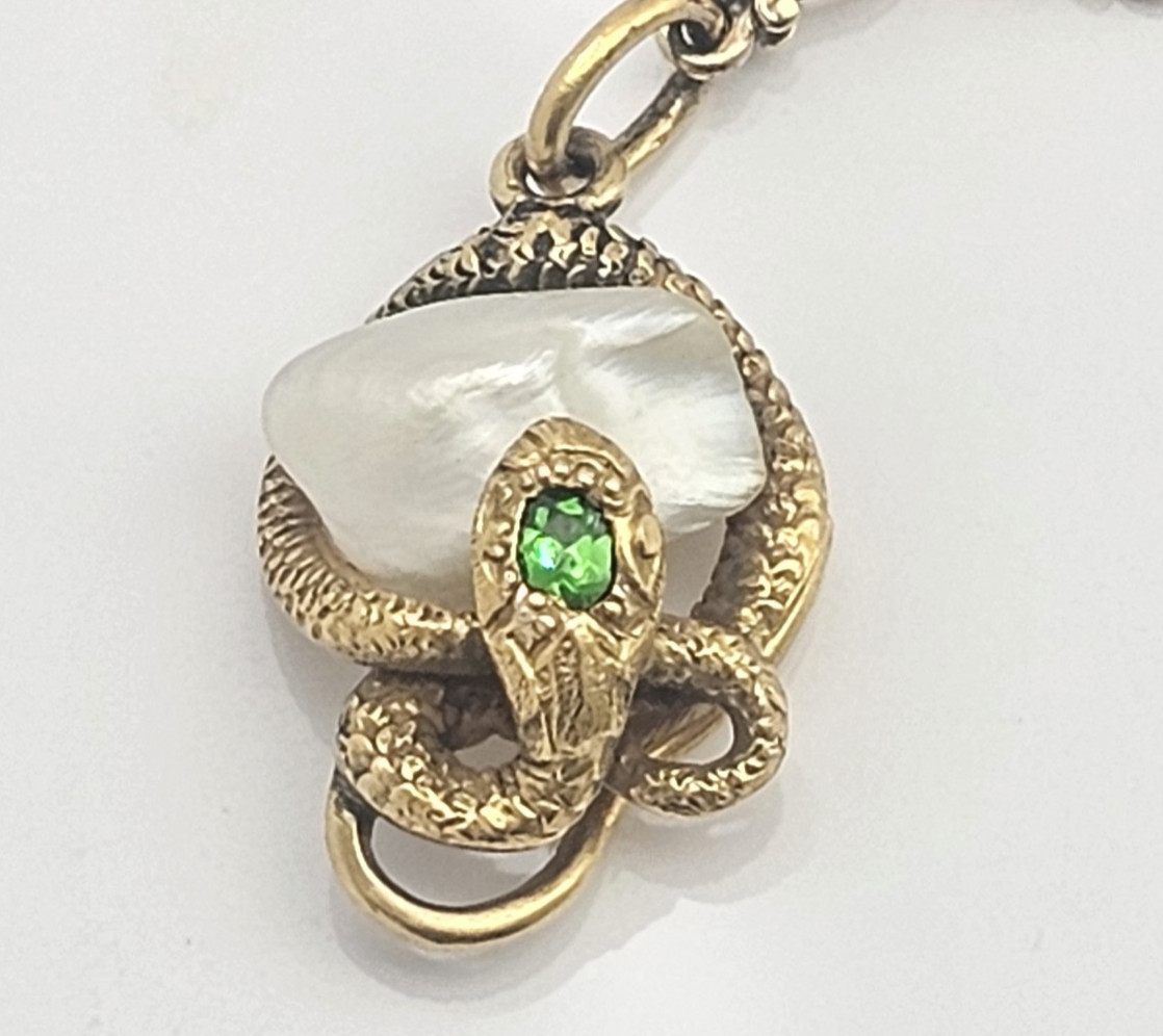 14K Gold Art Nouveau Demantoid Garnet Pearl Snake Serpent Necklace Antique 22in