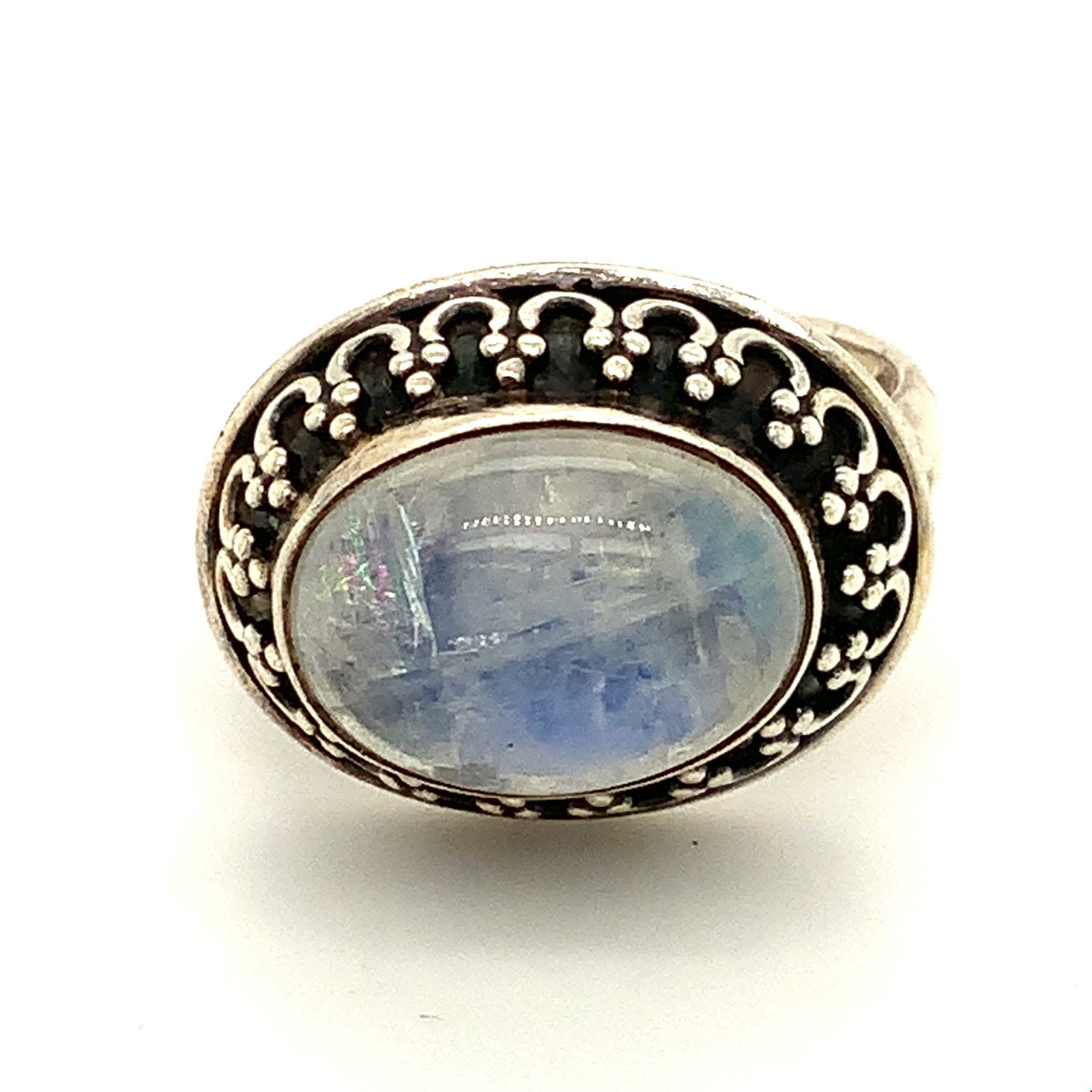 Vintage Signed 925 India Large Oval Moonstone Cabochon Solitaire Bezel Ring sz 8