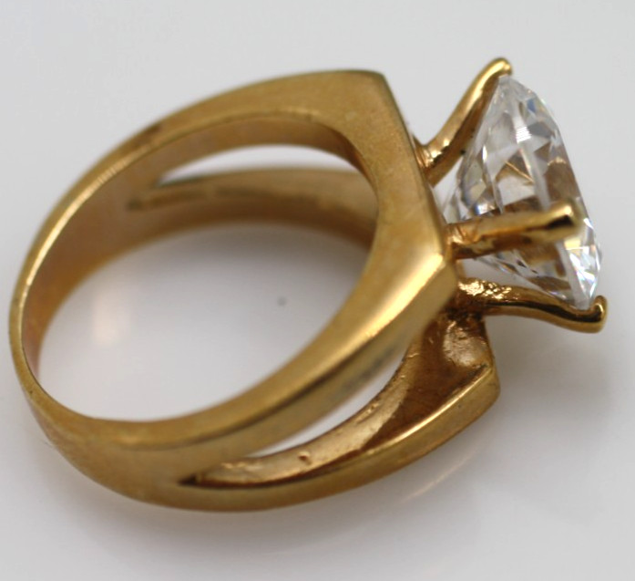 18K yellow gold plated large 12mm round clear stone double style band ring sz 8