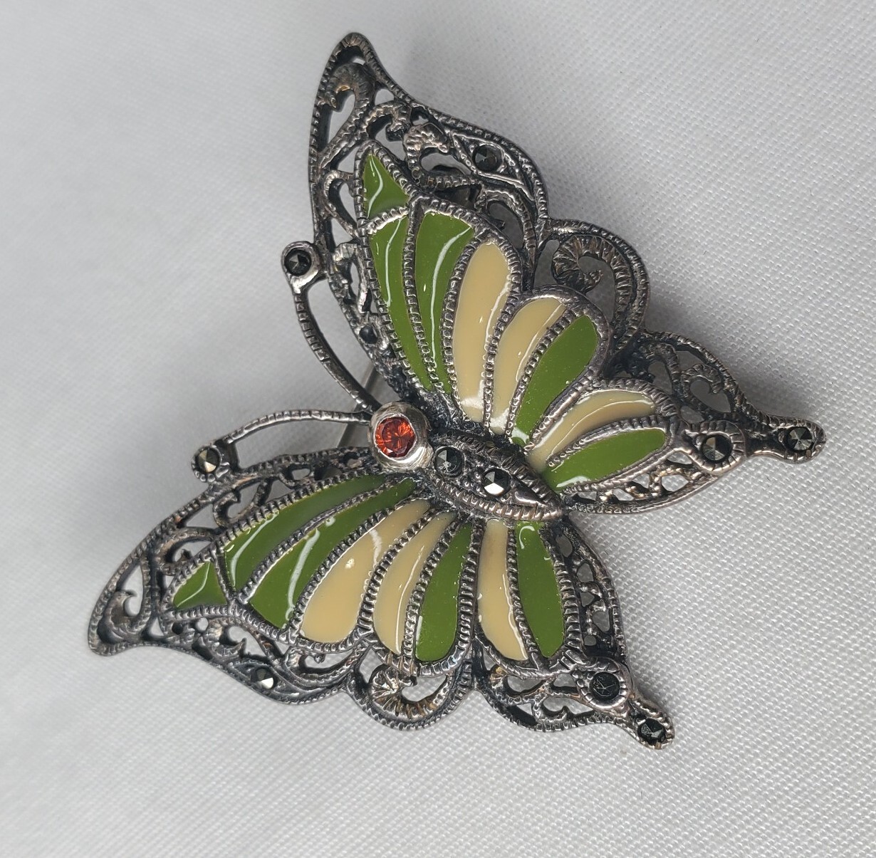 Vintage Sterling Silver Butterfly Brooch Green Yellow Enamel Wings Figural Pin
