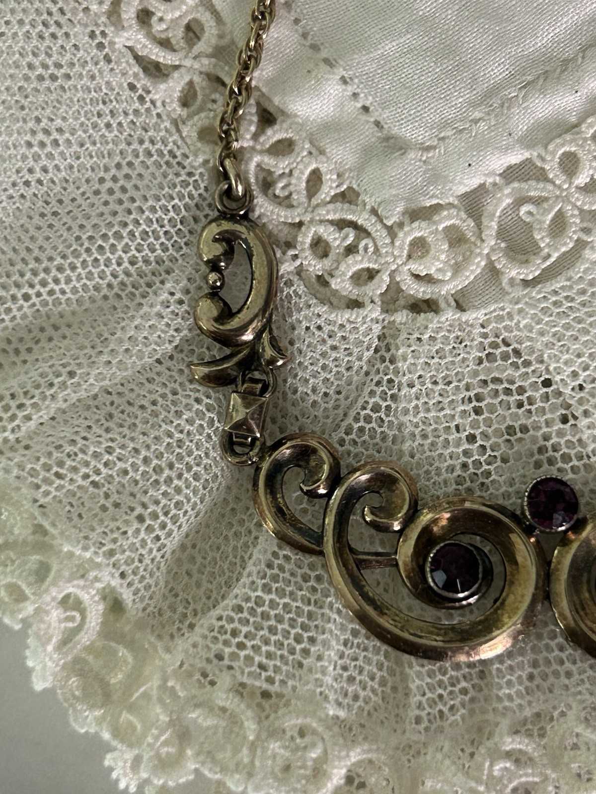 Symmetalic Vintage Sterling /14k Gold Amethyst Scroll Design Necklace