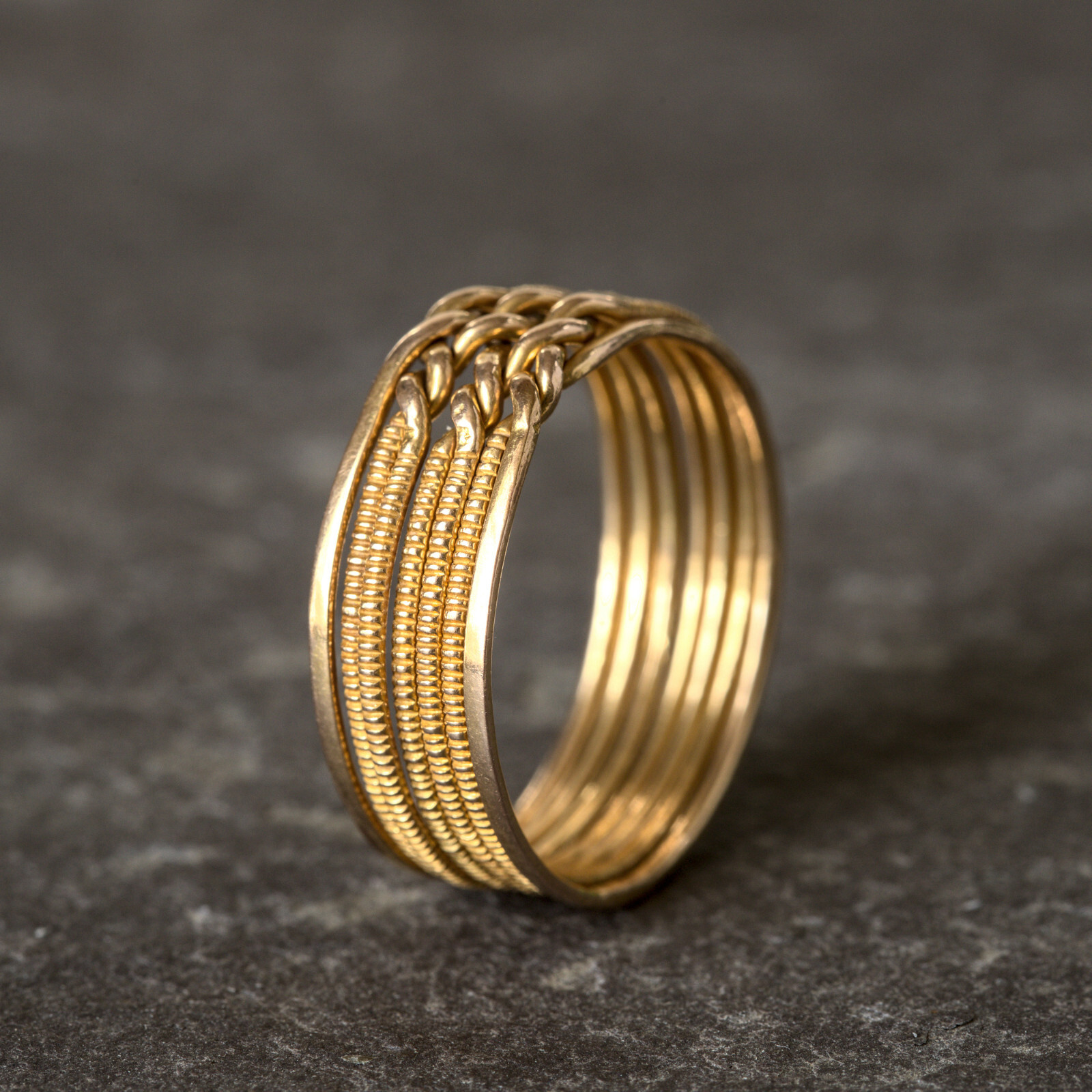 SUPERB UNIQUE VINTAGE 14K GOLD 7-BAND DAYS of the WEEK ORNATE PUZZLE RING sz14