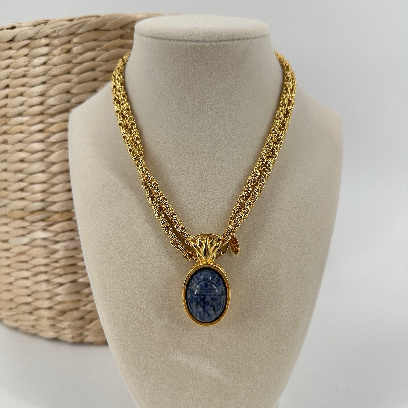 Vtg Kenneth Lane Byzantine Necklace Egyptian Revival Scarab KJL Faux Lapis 34″