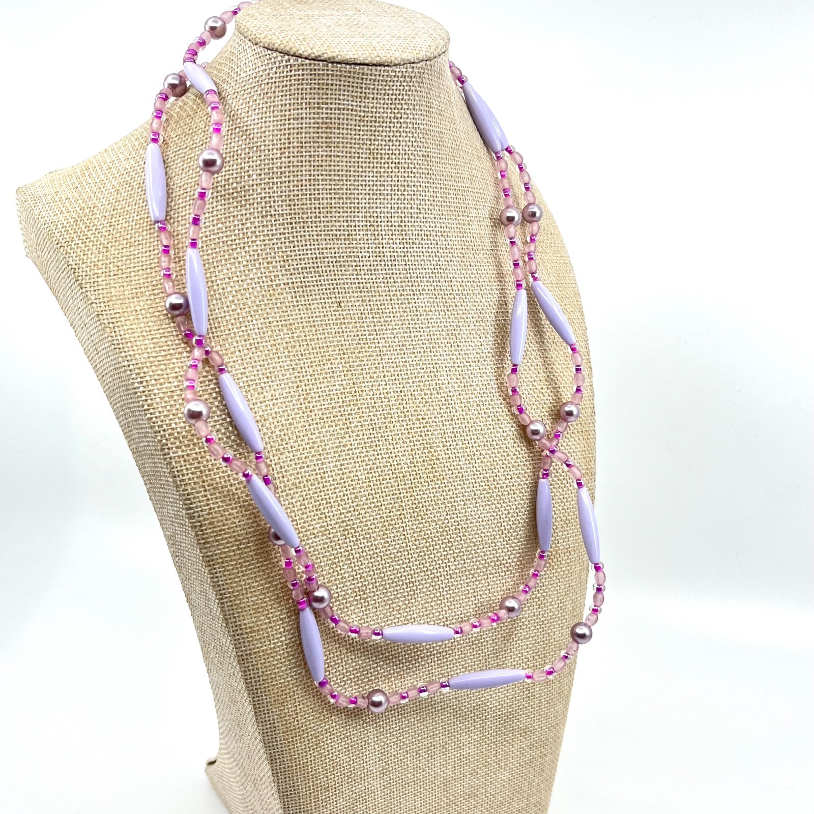 Vintage Lavender Purple Beaded Strand Necklace Long Boho Faux Pearl Mixed Beads