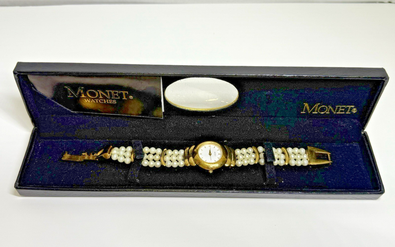 Vintage Monet Faux Pearl Beaded Women’s Gold Tone Wristwatch w/ Box