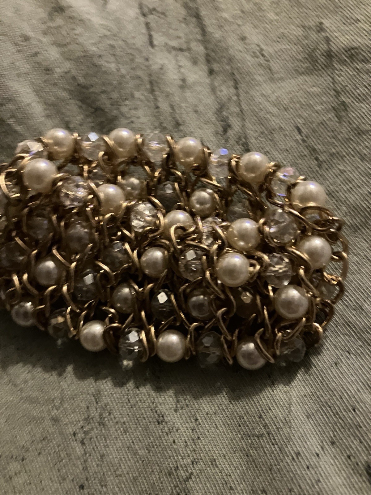 Faux Pearl Jewelry Set 4 Row Cowl Necklace Wide Cuff Bracelet Heavy Glass Beads
