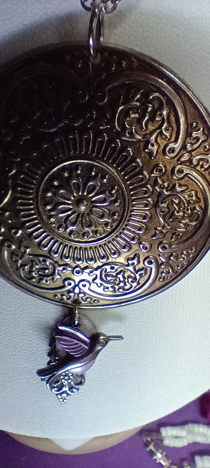 Hummingbird Necklace Purple Silvertone Repousse Pendant Ornate Design Filigree