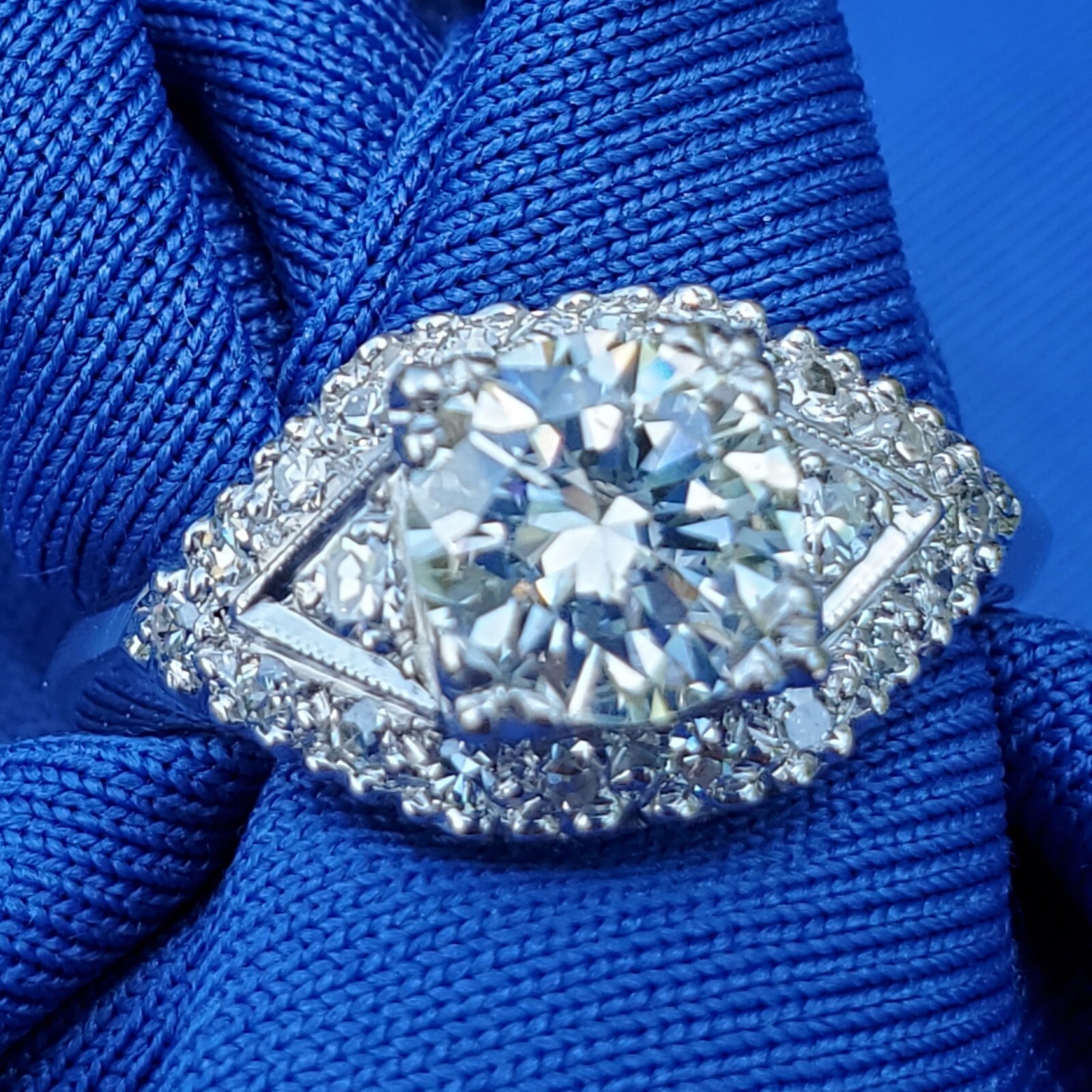Original EARTH MINED DIAMOND Deco SOLID PLATINUM Engagement Ring & Wedding Band