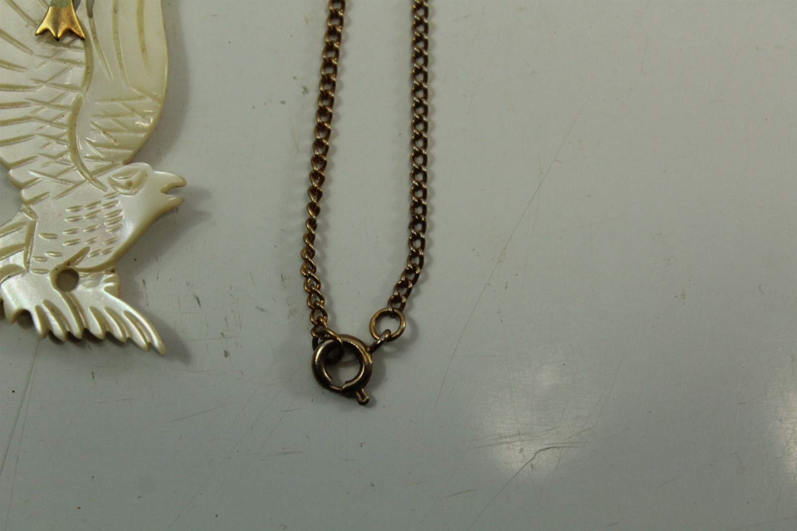 Vintage Hand Carved Shell Flying Eagle Pendant Necklace w/ Goldtone Alloy Chain