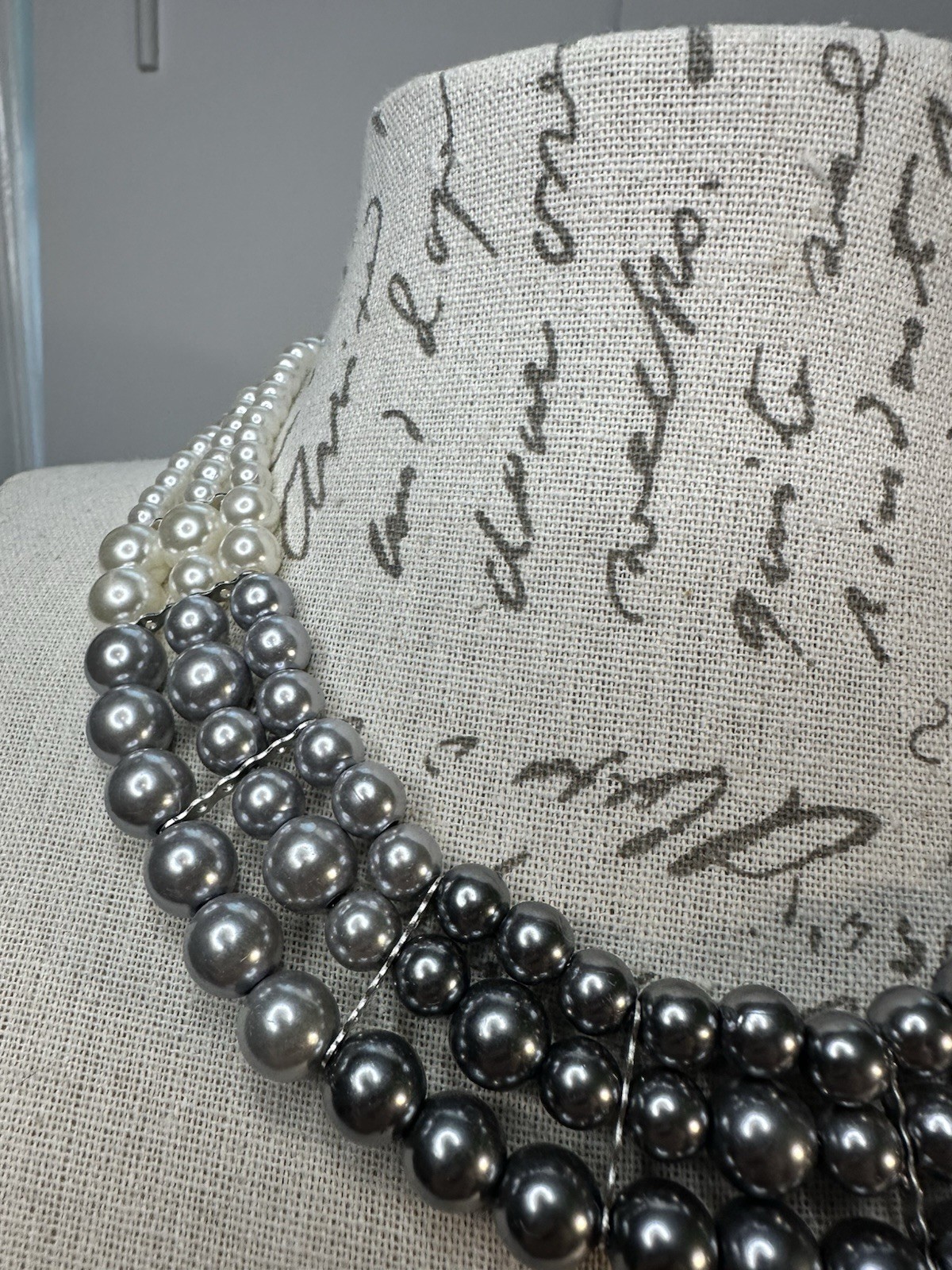 Vintage Necklace White Gray Ombre Triple Strand Graduated Faux Pearls Classic