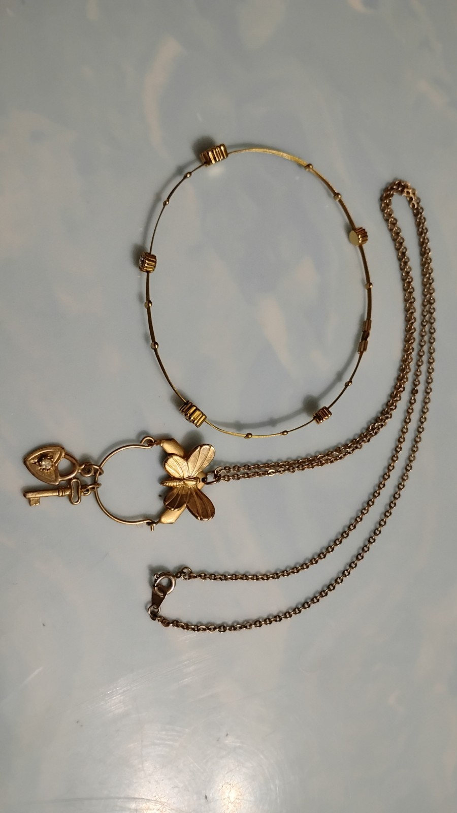 Vtg Butterfly Charm Lock & Key Necklace 24″ & Crystal Wires Bracelet Set