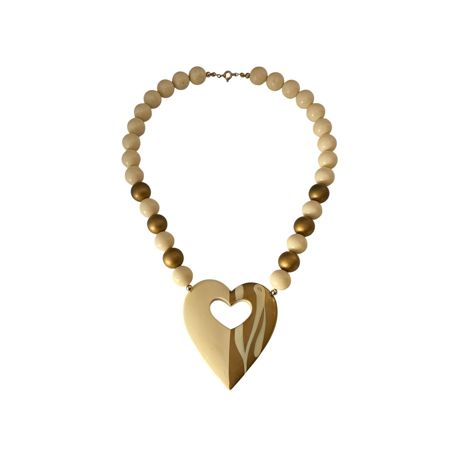 Gold Heart Statement Necklace, Cream Bead Chunky Jewelry, Gift for Her