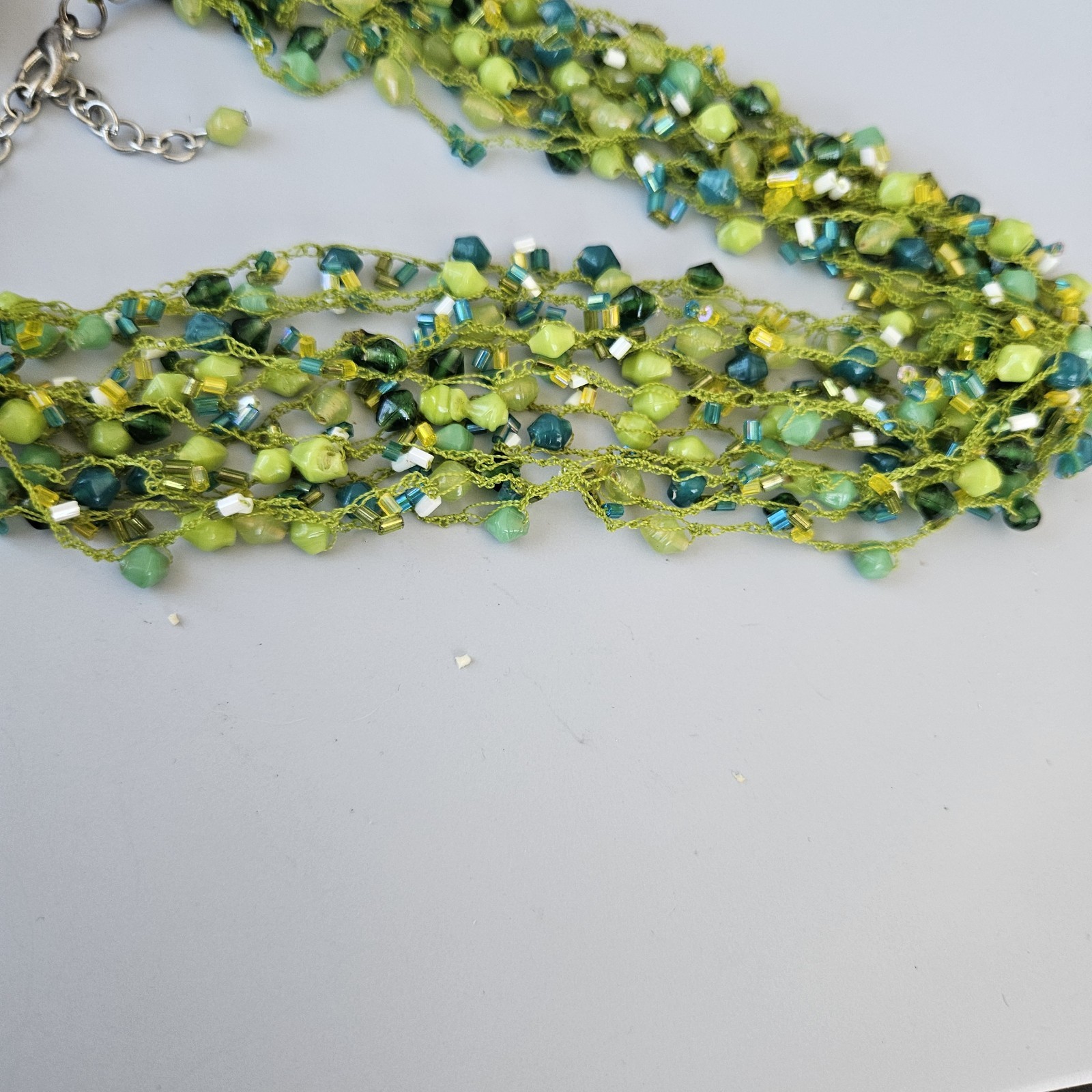 VTG Rain Beaded Necklace Multi Strand Cluster Hook Earrings Set Silver Green Lot