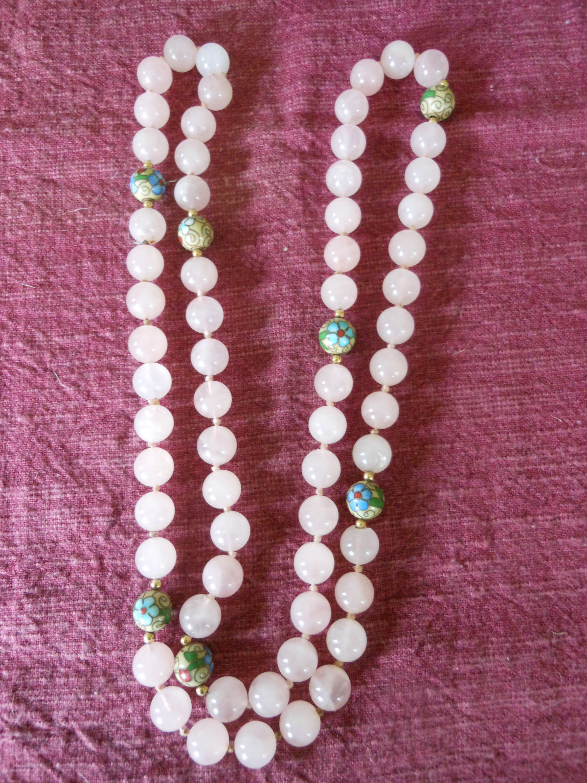 Rose Quartz Necklace with Cloisonne Beads Hand Knotted-Yes