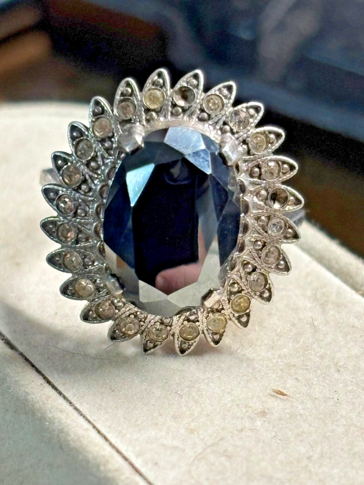Vtg CLARK & COOMBS 925 sterling silver HEMATITE & Rhinestone COCKTAIL RING sz 8
