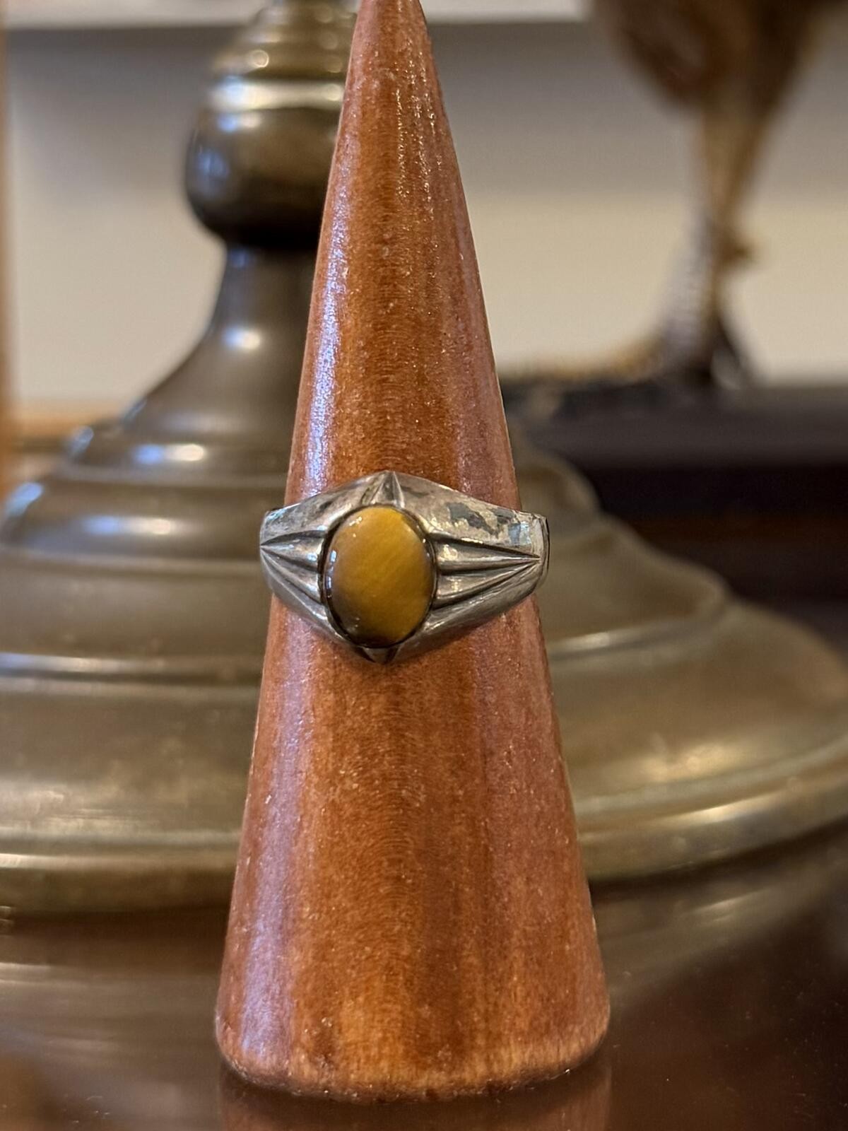 Vintage Southwestern Art Deco Revival Sterling Silver Tiger’s Eye Ring US 10.25