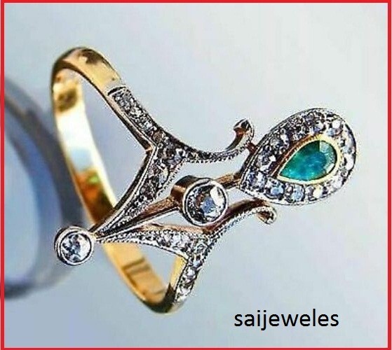 Art Deco 2CT Lab-Created Green Emerald Antique Vintage 14K Yellow Gold Over Ring